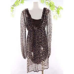 Buffalo by David Bitton Sheer Leopard Print Long Sleeve Dress Leather Detail S